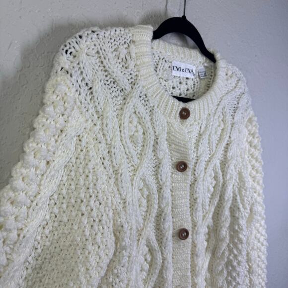 UNO & UNA Cardigan Medium Vintage Sweater Cable Knit Granny Irish Fisherman - Picture 7 of 12